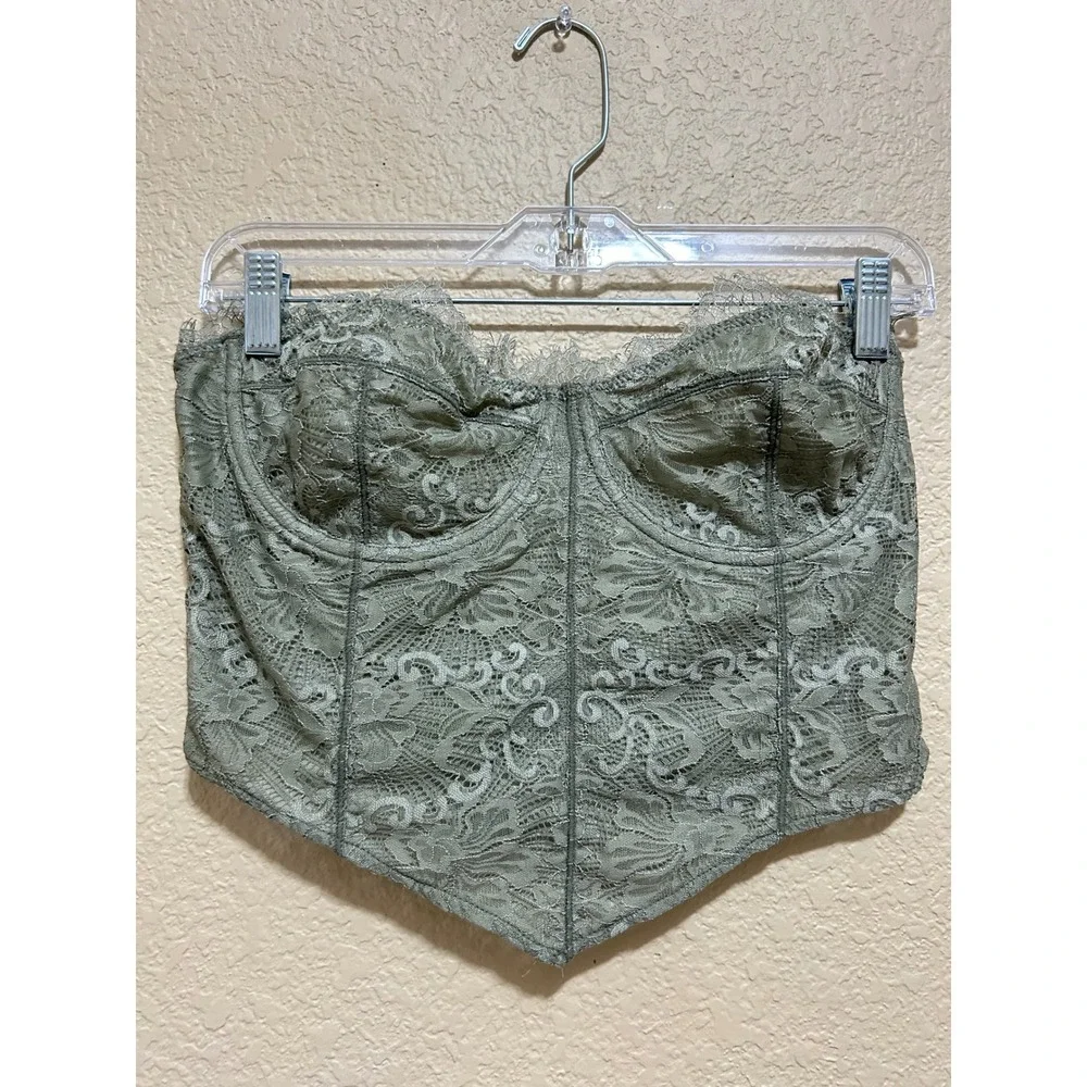 Free People Intimately Lace Corset Top L Sage Green Bustier Boho Fairy REN Faire